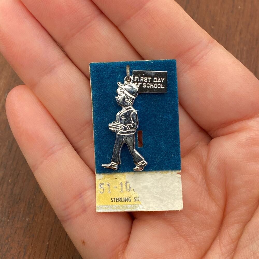 Vintage 925 Sterling Silver "First Day of School" Boy Pendant Bracelet Charm